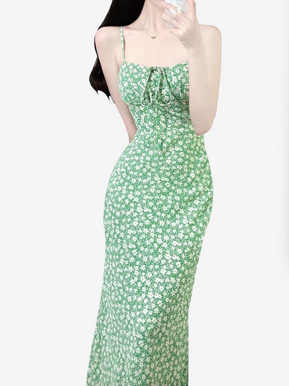 2025 Summer New Green Floral Bandeau Sexy Long Suspender Dress R0951