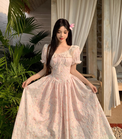 New Fashion Puffed Short Sleeve Design Pink A-line  Floral Dress TP3308