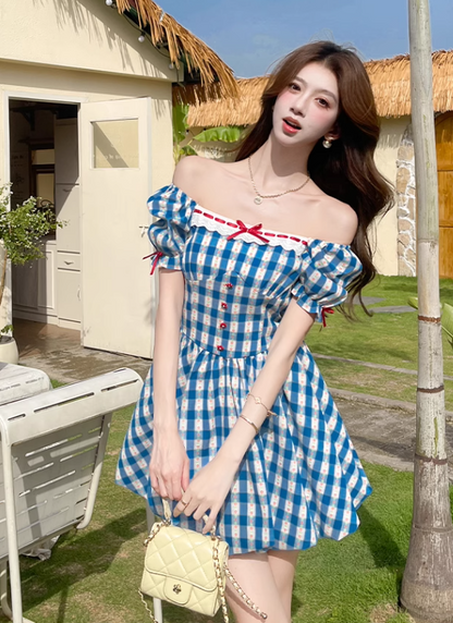 New Fashion Blue Plaid Design A-line Square Collar Short Sleeves Dress TP3324
