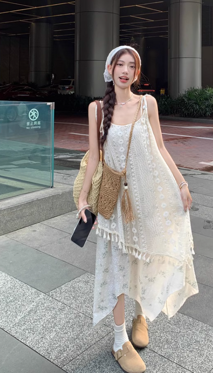 New Fashion Beige Floral Design A-line Beach Holiday Long Spaghetti Strap Dress TP3327
