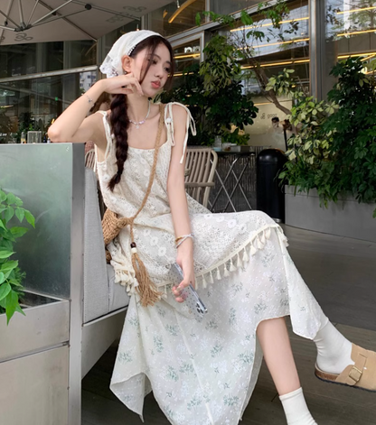New Fashion Beige Floral Design A-line Beach Holiday Long Spaghetti Strap Dress TP3327