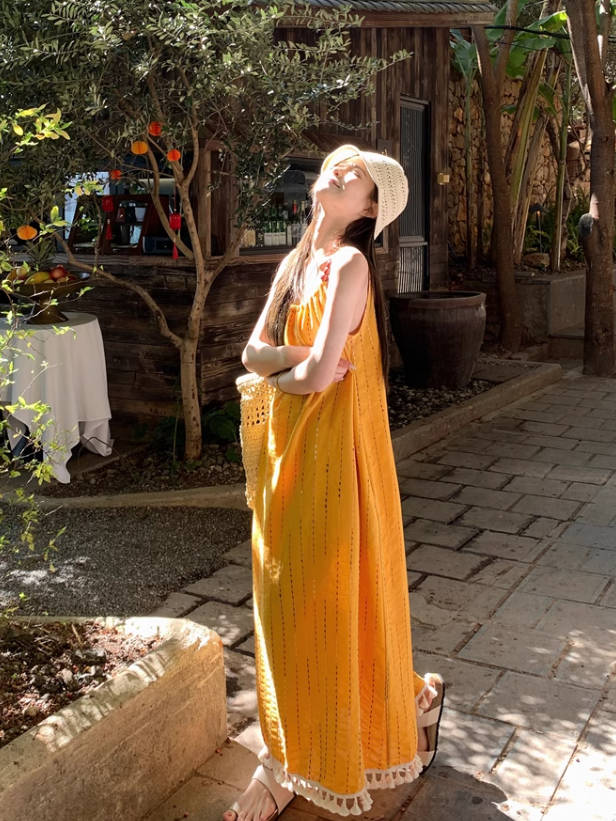 Simple Fashion Yellow Loose-fitting Design Beach Holiday A-line Long Spaghetti Strap Dress TP3336