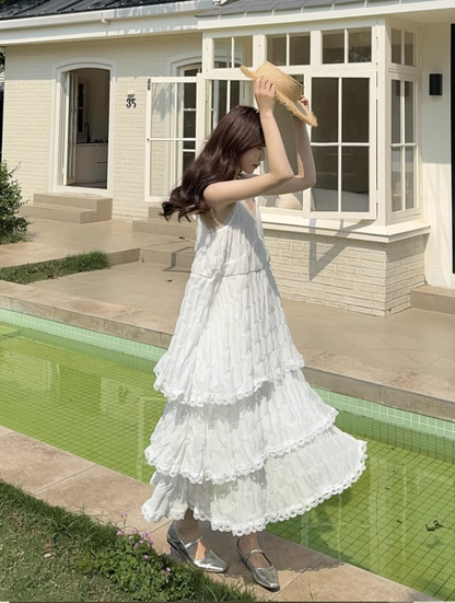 Simple Fashion White V-neck Design Lace A-line Spaghetti Strap Tiered Dress TP3345
