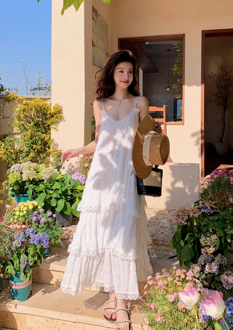 New Fashion White Tiered Dress Design A-line Beach Holiday Spaghetti Strap Dress TP3351