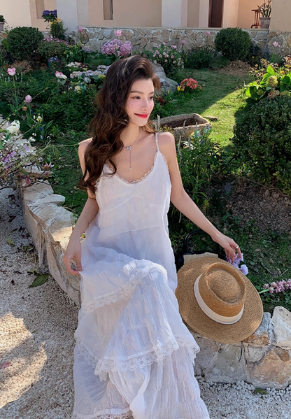 New Fashion White Tiered Dress Design A-line Beach Holiday Spaghetti Strap Dress TP3351