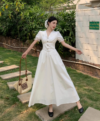 Simple Fashion White V-neck Design Elegant A-line Short-sleeved Dress TP3356