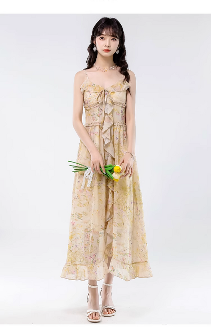 Vintage Yellow Ruffled Hem Floral Design Elegant A-line Spaghetti Strap Dress TP3360