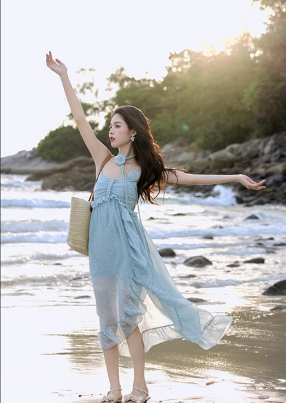 New Fashion Light Blue Ruffled Hem Design Beach Holiday A-line Spaghetti Strap Dress TP3365