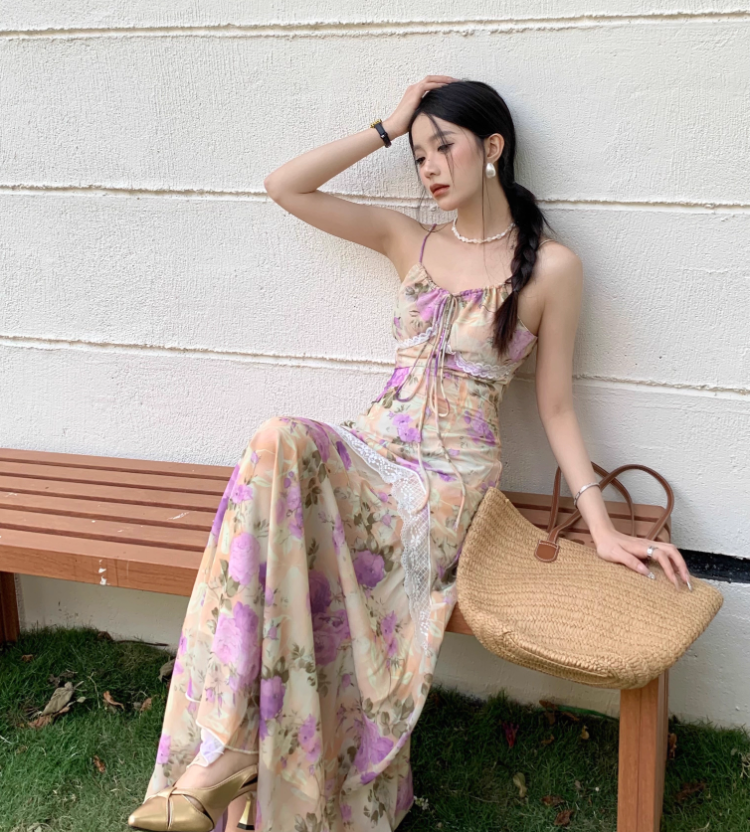 Retro Fashion Purple Flora Design Beach Holiday A-line Spaghetti Strap Dress TP3368