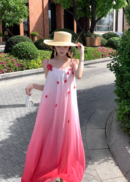 New Fashion Gradient Pink Design Beach Holiday A-line Spaghetti Strap Dress TP3370