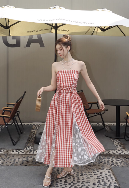 New Fashion Red Plaid Lace Patchwork Design Beach Holiday A-line Sleeveless Strapless Dress TP3378