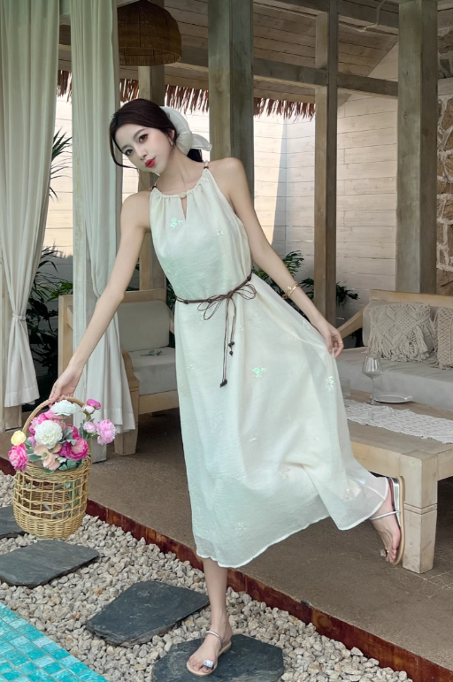 Simple Fashion White Sleeveless Design Beach Holiday A-line with Belt Jacquard Halter Dress TP3379
