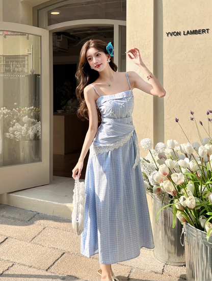New Fashion Blue Stripe Design A-line Lace Spaghetti Strap Dress TP3384