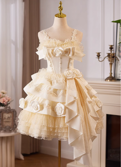 Elegant Pink 3D Flowers Irregular Hem Design Lace Strap Tiered Homecoming Dress TP3467