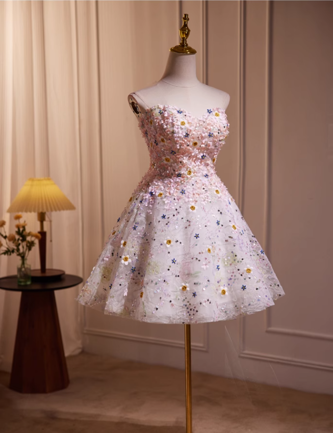 Charming Floral Embroidery Sequined Design Sleeveless Strapless Homecoming Dress TP3471