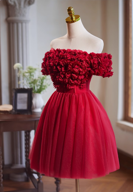 Charming Red 3D Flowers Design Mesh Off-the-shoulder Strapless Homecoming Dress TP3476