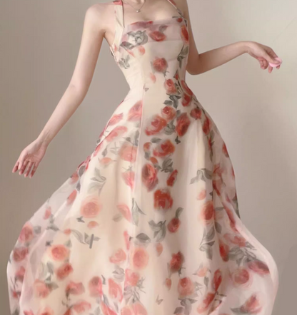 Vintage Pink Floral Design A-line Sleeveless Beach Holiday Halter Dress TP3498