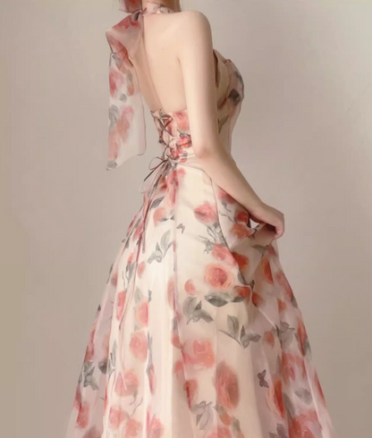 Vintage Pink Floral Design A-line Sleeveless Beach Holiday Halter Dress TP3498