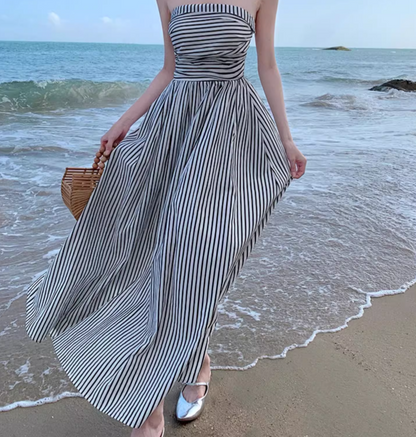 New Fashion Black & White Striped Design A-line Beach Holiday Strapless Dress TP3501