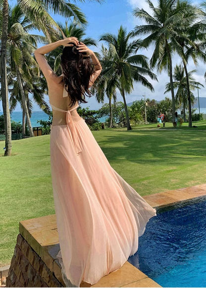 Simple Fashion Handmade Flower Splicing Design A-line V-neck Halter Dress TP3522