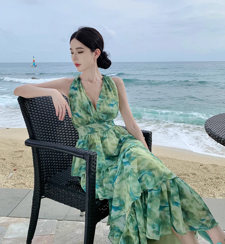 New Fashion Green Floral Design A-line V-neck Beach Holiday Tiered Halter Dress TP3536