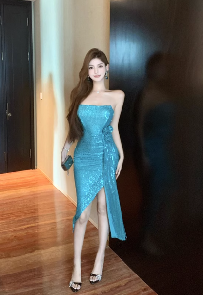 Fashion Blue Sequin Split Dress Design A-line Sleeveless Strapless Homecoming Dress TP3708