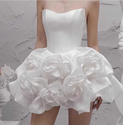 Vintage White 3D Flower A-line Satin Strapless Party Dresses Homecoming Dresses, TP3787