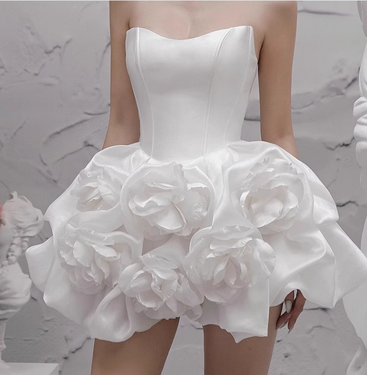 Vintage White 3D Flower A-line Satin Strapless Party Dresses Homecoming Dresses, TP3787
