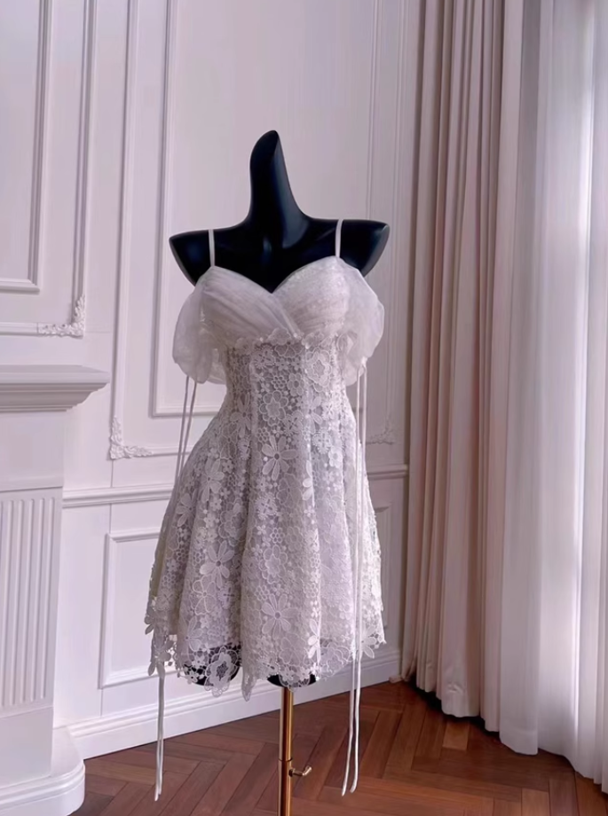 Vintage White Spaghetti Strap Appliqued A-line Party Dresses Homecoming Dresses, TP3797