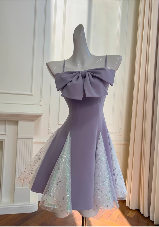 New Fashion Purple Bow Sequin Design A-line Spaghetti Strap Party Dresses Homecoming Dresses, TP3810