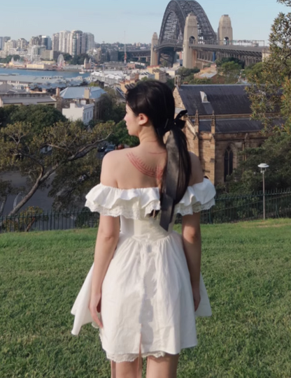 Simple White Off-the-shoulder Lace Bow Design A-line Party Dress Homecoming Dress TP3854