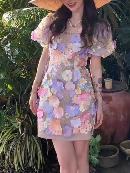Colorful Applique Design A-line Short-sleeved Party Dress Homecoming Dresses TP3940
