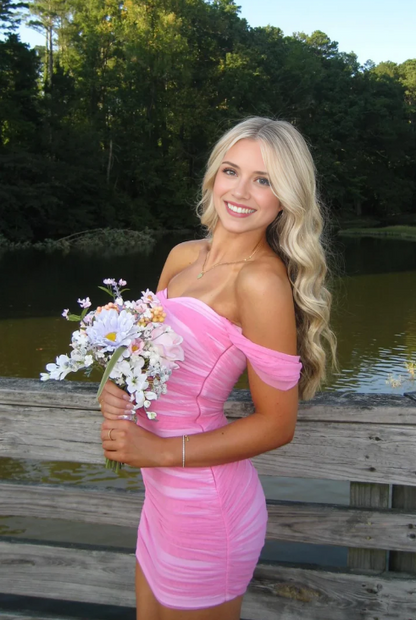 Vintage Pink Sweetheart Off-the-shoulder Sheath Bodycon Homecoming Dress Party Dress Short Cocktail Dress TP4812
