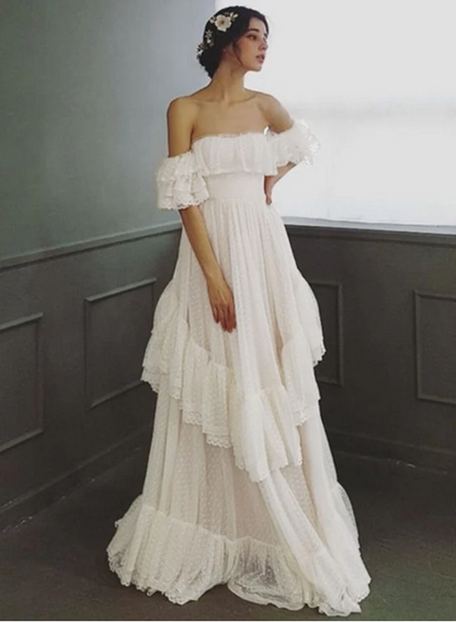 Elegant Ivory Lace Off-the-shoulder A-Line Tiered Wedding Dress TP4817