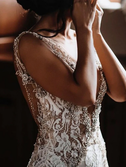 Elegant Lace V-neck Mermaid Beaded Long Wedding Dress TP4818