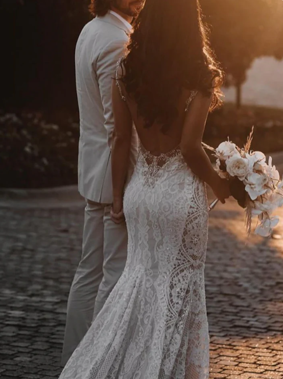 Elegant Lace V-neck Mermaid Beaded Long Wedding Dress TP4818