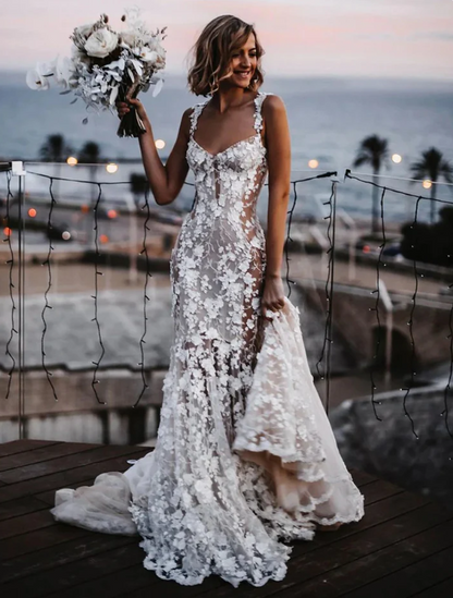 Elegant White Applique Straps Mermaid Long Wedding Dress TP4819