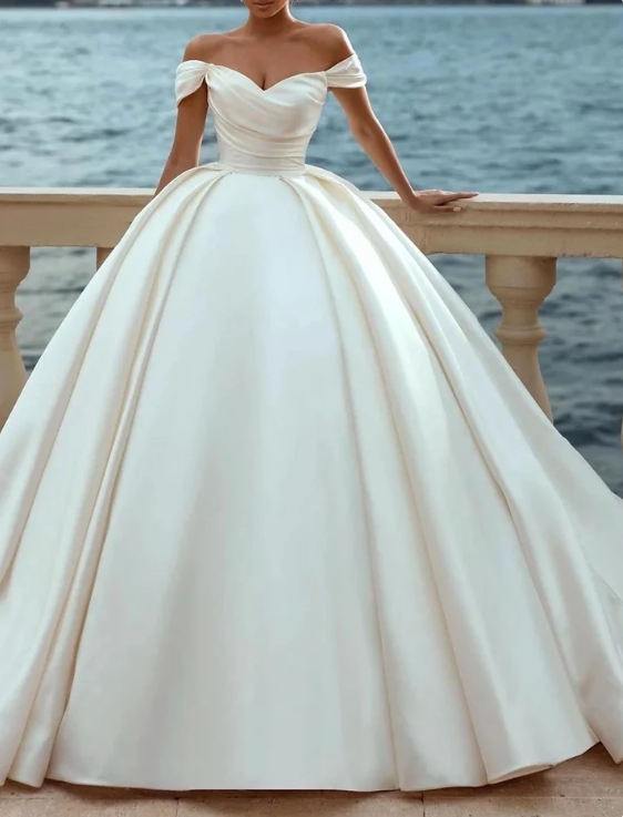 Elegant White Satin Sweetheart Off-the-shoulder A-Line Long Wedding Dress TP4821