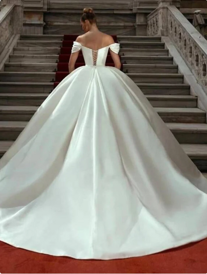 Elegant White Satin Sweetheart Off-the-shoulder A-Line Long Wedding Dress TP4821
