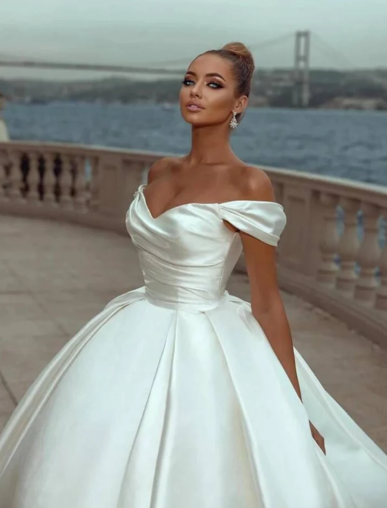 Elegant White Satin Sweetheart Off-the-shoulder A-Line Long Wedding Dress TP4821