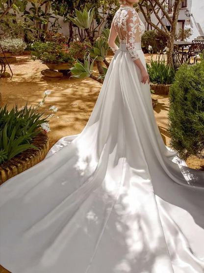 Elegant White Satin Applique V-neck A-Line Long-sleeve Trailing Long Wedding Dress TP4829