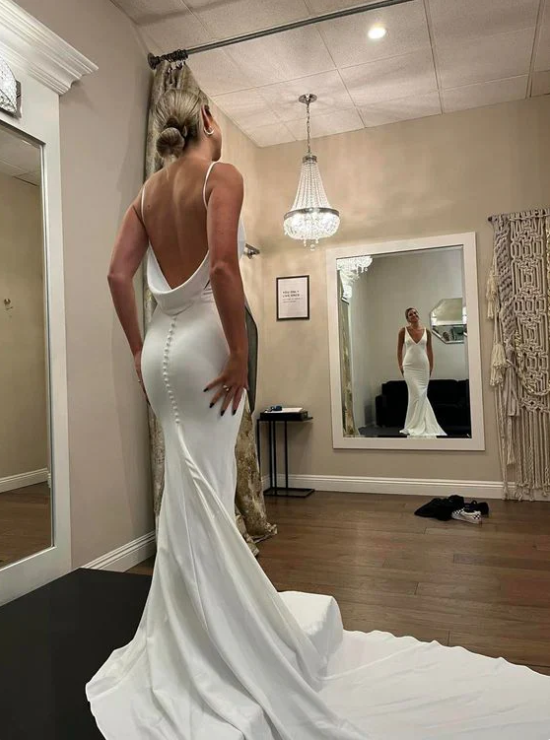Elegant White Satin Straps V-neck Sheath Trailing Long Wedding Dress TP4832