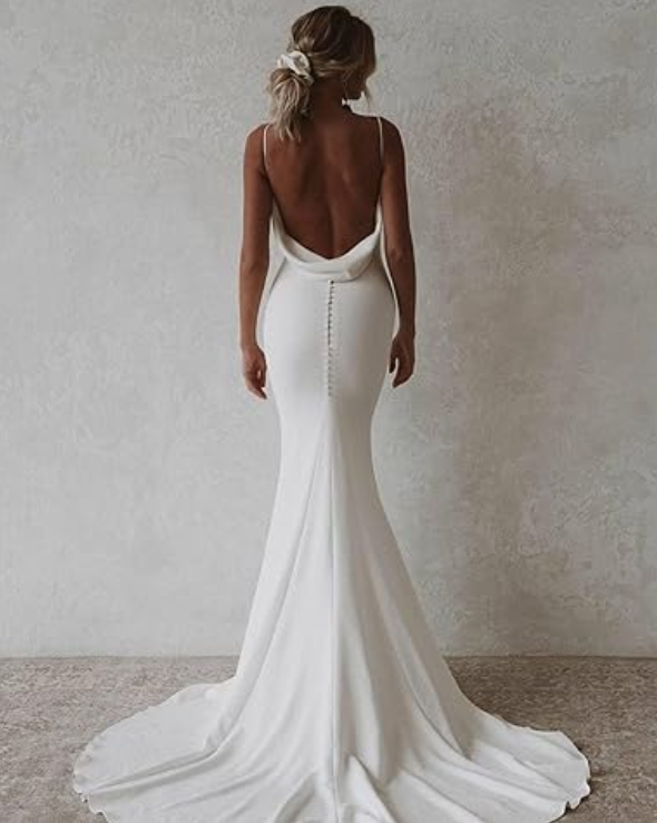 Elegant White Satin Straps V-neck Sheath Trailing Long Wedding Dress TP4832