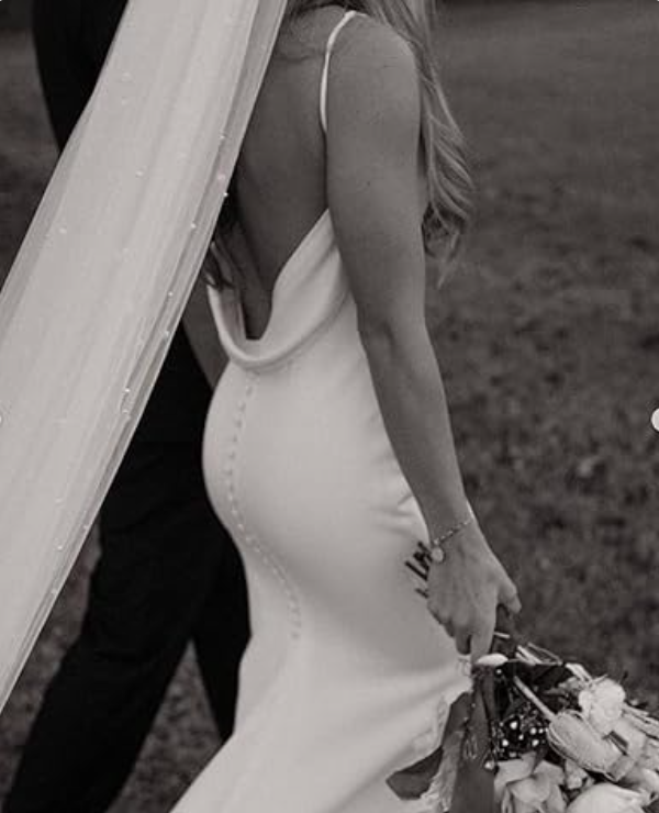 Elegant White Satin Straps V-neck Sheath Trailing Long Wedding Dress TP4832
