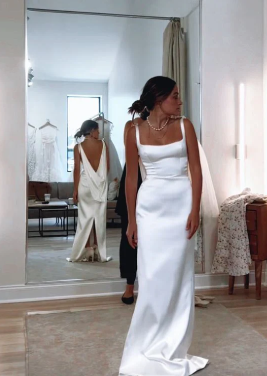 Elegant White Straps Backless Sheath Satin Long Wedding Dress TP4836