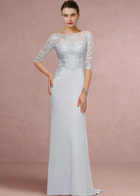 Vintage Sheath Scoop Neck Lace Sequined  Mother of Bride Dress Half Sleeve Evening Gown Long Formal Dress TP4872