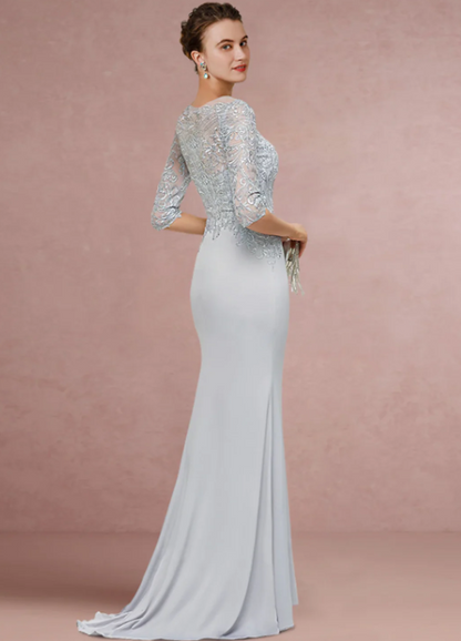 Vintage Sheath Scoop Neck Lace Sequined  Mother of Bride Dress Half Sleeve Evening Gown Long Formal Dress TP4872