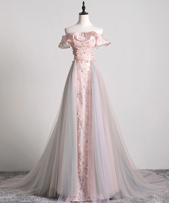 Vintage Pink Floral Applique A-Line Evening Gown Tulle Off-the-shoulder Party Dress Long Formal Dress TP4950