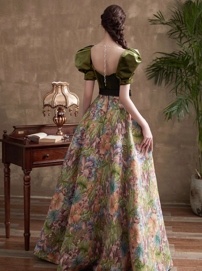 Vintage Court Retro Style A-Line Evening Gown Sweetheart Puffy Sleeve Party Dress Long Formal Dress TP4955