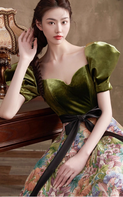 Vintage Court Retro Style A-Line Evening Gown Sweetheart Puffy Sleeve Party Dress Long Formal Dress TP4955
